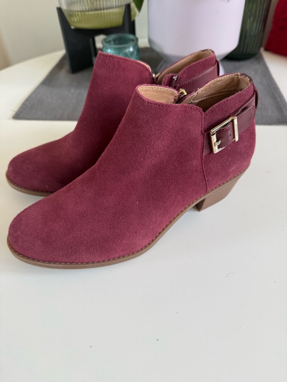 Vionic Burgundy Suede Ankle Booties with Side Buckle